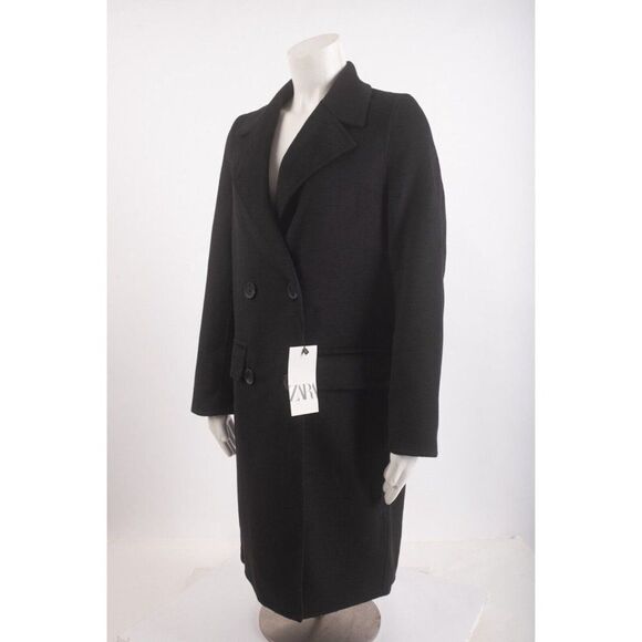 Zara Womens Pea Coat Double breasted Black XS Wool Blend Mid Length 4070/221 NWT - Picture 3 of 6
